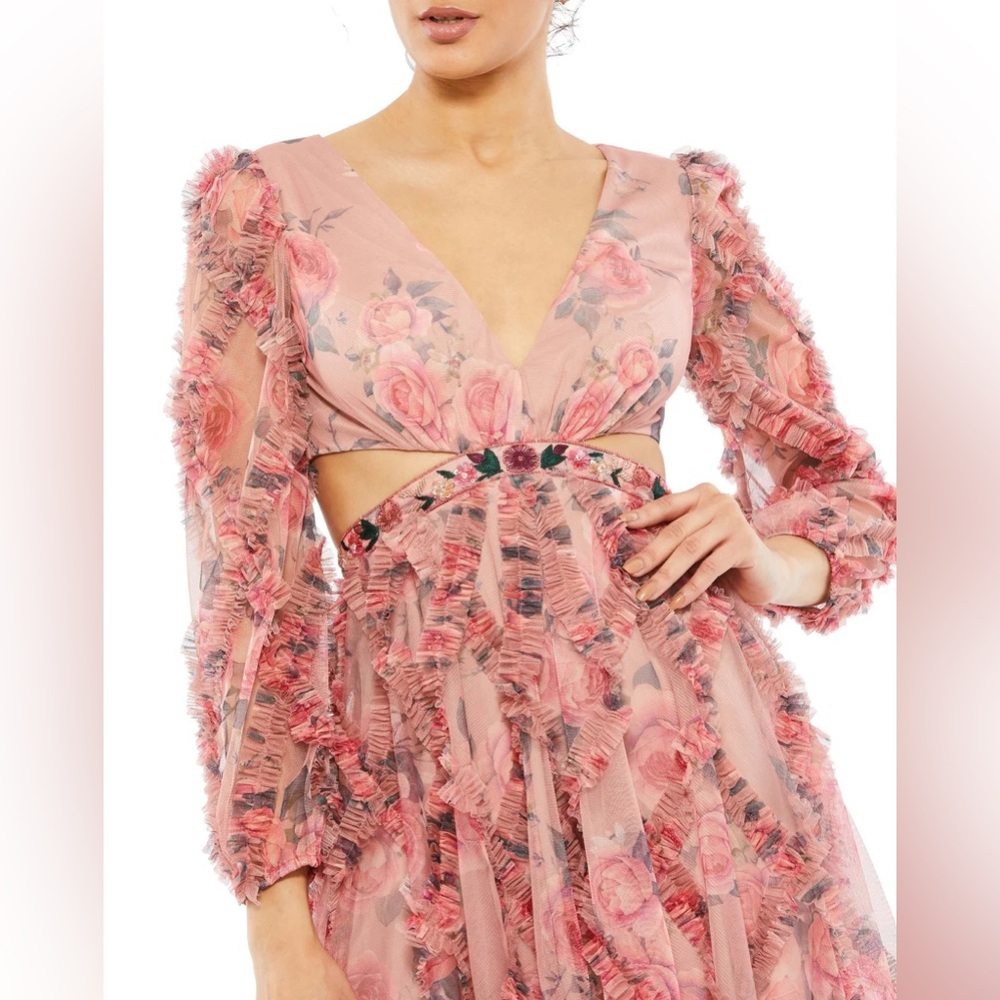 NWT A9151 Mac Duggal Rose Floral Ruffle Cutout Mini Dress Long Sleeve - Picture 3 of 10